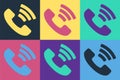 Pop art Telephone 24 hours support icon isolated on color background. All-day customer support call-center. Full time