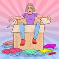 Pop Art Tired Woman in the Box with Different Clothes. Moving to new House