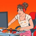 Pop Art Tired Young Woman Playing Video Games. Computer Addicted Girl