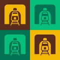 Pop art Train in railway tunnel icon isolated on color background. Railroad tunnel. Vector Royalty Free Stock Photo