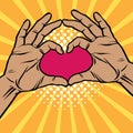 Pop art two hands making heart sign cartoon comic vector illustration. Love, romantic relationship concept. Pop art Royalty Free Stock Photo