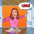 Pop Art Unhappy Hungry Woman Looking in Empty Fridge with Comic Speech Bubble