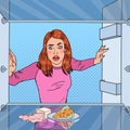 Pop Art Unhappy Hungry Woman Looking in Empty Fridge Royalty Free Stock Photo