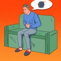 Pop Art Unhappy Man Hurts from Stomach Ache. Sick Guy Sitting on Couch at Home Royalty Free Stock Photo