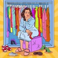 Pop Art Upset Pretty Woman Choosing Shoes in Wardrobe. Female Fashion Clothing