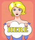 Pop art vector blond woman with signature here. Comic woman Royalty Free Stock Photo