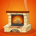 Pop art vector. A brick fireplace burns a tree. Works and heats. The background is red.