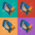 Pop art vector hockey gloves pattern. Isolated hockey gloves on colorful background. Ice hockey sports equipment. Hand