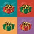 Pop art Vector Illustration of Gift Boxes with Ribbon and Bow. Pattern for Birthday Celebration, Christmas, Valentines, Party, Ann