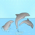 Pop Art. Vector of imitation retro comic style. Rest on the sea, three dolphins play in the water.