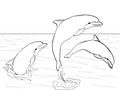 Pop Art. Vector of imitation retro comic style. Rest on the sea, three dolphins play in the water. Book coloring for