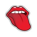 Pop art vector speaking red lips. Half-open mouth, licking, tongue sticking out, conversation.
