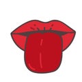 Pop art vector speaking red lips. Sexy woman's Half-open mouth, licking, tongue sticking out, conversation. Isolated