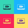 Pop art Video camera Off on laptop screen icon isolated on color background. No video. Vector Royalty Free Stock Photo