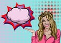 Pop Art Vintage advertising poster cute comic girl with speech bubble. Pretty girl smiling and pointing at blank bubble vector Royalty Free Stock Photo