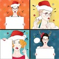 Pop Art Vintage advertising xmas poster comic girl in cat`s eye glasses and red santa hat holds a white banner. Vector