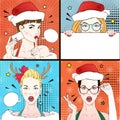 Pop Art Vintage advertising xmas poster comic girl in cat`s eye glasses and red santa hat holds a white banner. Vector