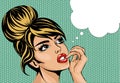 Pop art vintage comic style woman with open eyes dreaming, female portrait with speech bubble