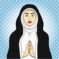 Pop art votaress, God sister prays. In black and white clothes. Theme of faith, woman raster