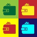 Pop art Wallet with stacks paper money cash icon isolated on color background. Purse icon. Cash savings symbol. Vector Royalty Free Stock Photo