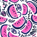 Pop art watercolor seamless pattern with watermelon, 80s 90s doodle elements