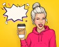 Pop art winking woman with cup of coffee