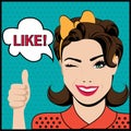 Pop art winking woman with thumbs up gesture Royalty Free Stock Photo