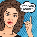 Pop Art woman asking question Did You Know? Retro Wise woman thinking in comic style. Teaching and explaining concept vector Royalty Free Stock Photo