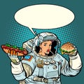 Pop art. Woman astronaut eats. Cola, hot dog and Burger fast foo Royalty Free Stock Photo