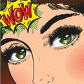 Pop art woman with big eyes long speech bubble wow