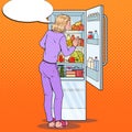 Pop Art Woman Choosing Food from the Fridge. Healthy Eating, Dieting Concept Royalty Free Stock Photo