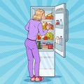Pop Art Woman Choosing Food from the Fridge. Healthy Eating, Dieting, Organic Food Concept Royalty Free Stock Photo