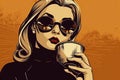 pop art woman with coffee cup. Advertising poster in comic style