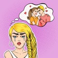 Pop art woman crying because her man is cheating with another woman, retro comic style vector illustration eps10