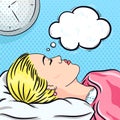 Pop art woman dreaming with thinking balloon for message, female bedtime vector illustration in retro comic style