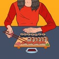 Pop Art Woman Eating Sushi at the Asian Restaurant. Japanese Food Royalty Free Stock Photo