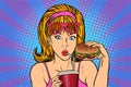 Pop art woman with fast food