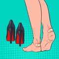 Pop Art Woman Feet with Patch on Ankle after Wearing High Heels Shoes. Plaster Adhesive Bandage on Leg Skin Royalty Free Stock Photo