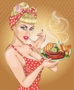 Pop Art woman with foog plate. Pin-up girl, BBQ, sausage. Fashion, wife, Royalty Free Stock Photo