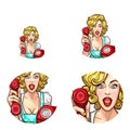 Pop art woman or girl holding out phone receiver vector isolated retro sketch icons set