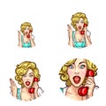 Pop art woman or girl speaking by phone receiver with surprised expression vector isolated retro sketch icons set Royalty Free Stock Photo