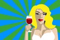 Pop art woman with glass of red wine. Beautiful woman Close up drinking wine Royalty Free Stock Photo