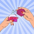 Pop Art Woman Hands Holding Bottle of Luxury Perfume