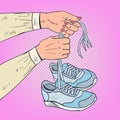 Pop Art Woman Hands Holding Running Shoes. Sneakers Footwear