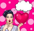 Pop Art woman hold red heart. Comic woman. .Pop Art love. Valentines day postcard. Royalty Free Stock Photo