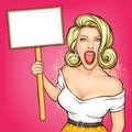 Pop art woman holding blank protest sign. Picket,