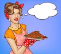 Pop art woman holding tray with pasta and sauce