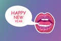 Pop art woman lips Happy New Year. Sexy mouth. Speech bubble comic book style. Hand drawn vector Royalty Free Stock Photo