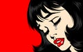 Pop Art Woman ÃÂlose-up. beautiful girl in pop art style crying. tear on the lady`s face. The lush red lips of a sexy brunette.