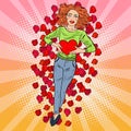 Pop Art Woman in Love with Heart in Rose Petals